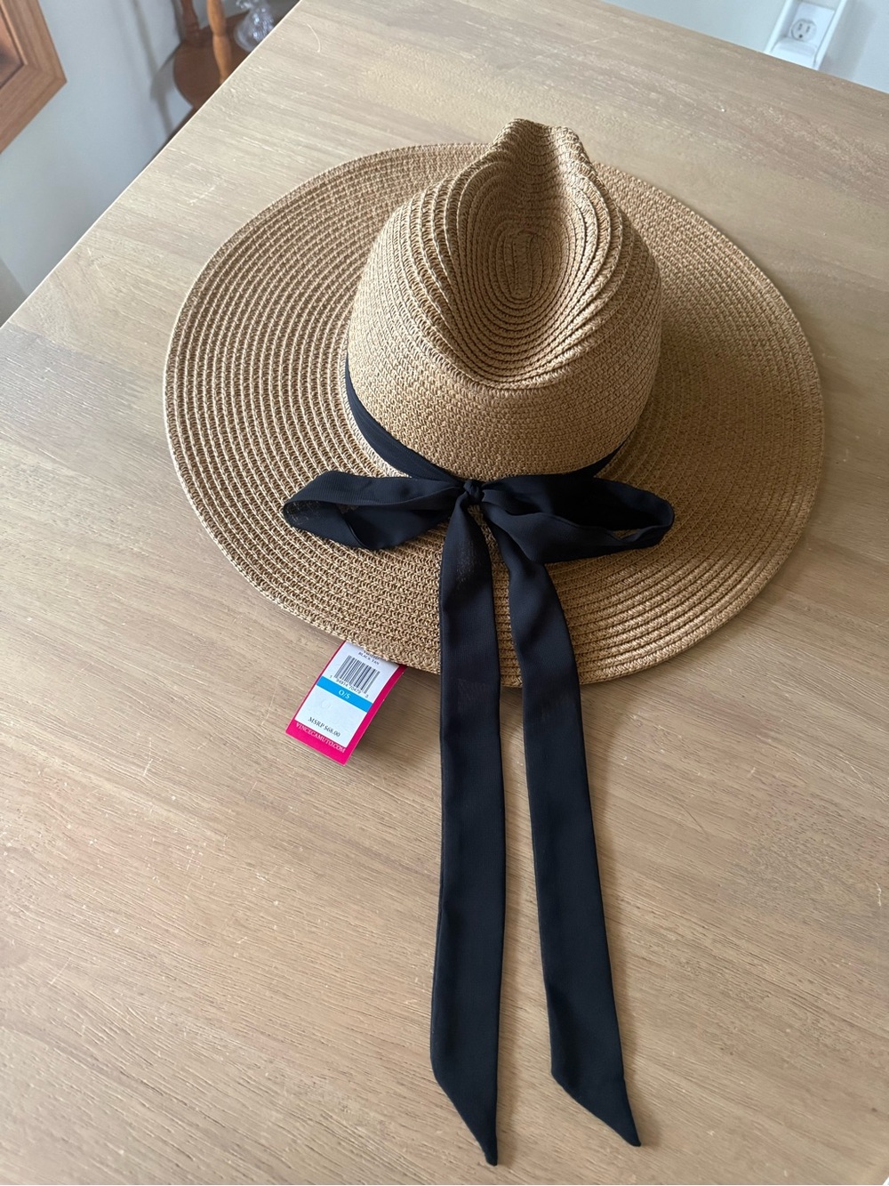 NWT Vince Camuto Tan Woven Sun Hat with Black Ribbon
